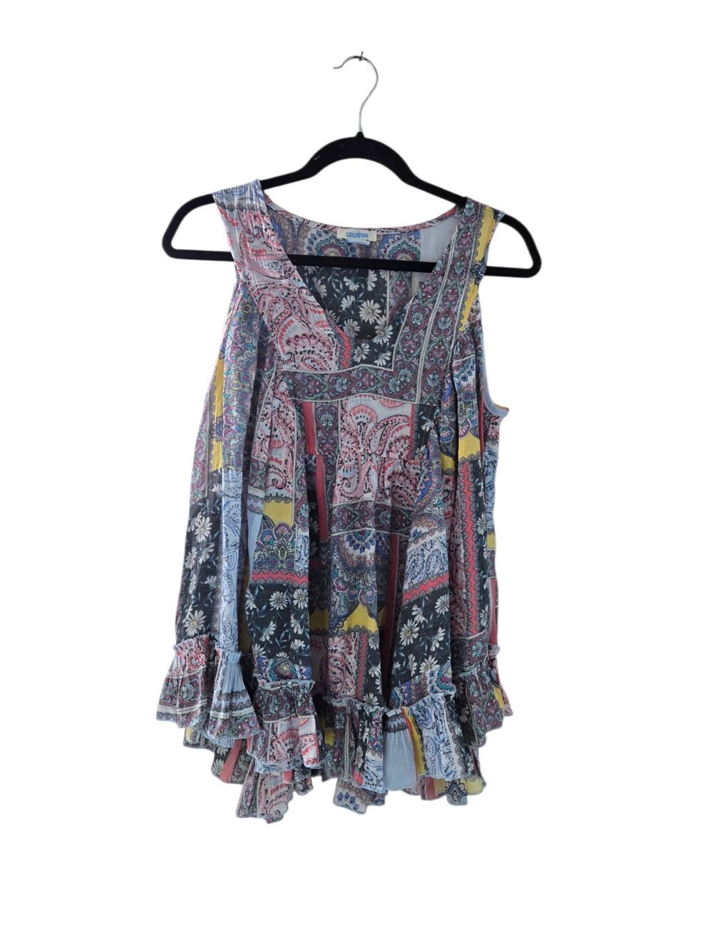 Cocobleu Boho Patchwork Ruffle Hem Sleeveless Top - Multicolor Sze L